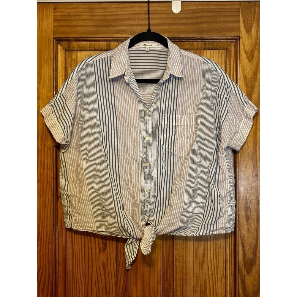 Madewell 99% Cotton Short-Sleeve Tie-Front Shirt in Rawley Stripe Women’s Size M